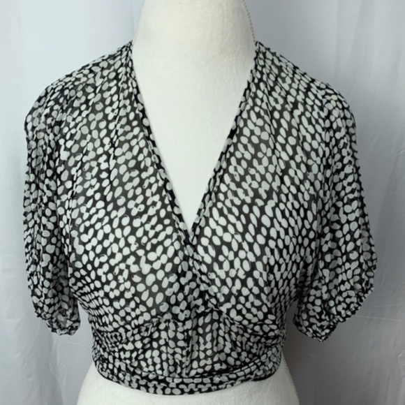 Freshmint Tops - FreshMint women's deep v neck black & white sheer crop top w tie, medium